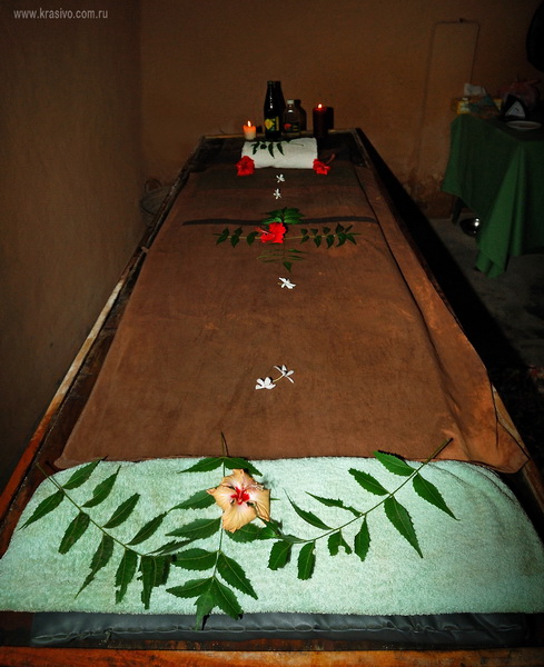Массажный стол, украшенный живыми цветами и растениями